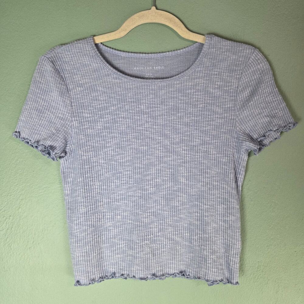 American Eagle AE Womens Blue Short Sleeve Ribbed Lettuce Trim Crop Top Sz Small